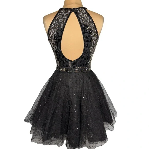 Sherri Hill 52272 Black 
Beaded Halter sequin tulle cocktail party mini dress 6 - Picture 4 of 9